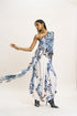 White and blue one shoulder top with lungi skirt