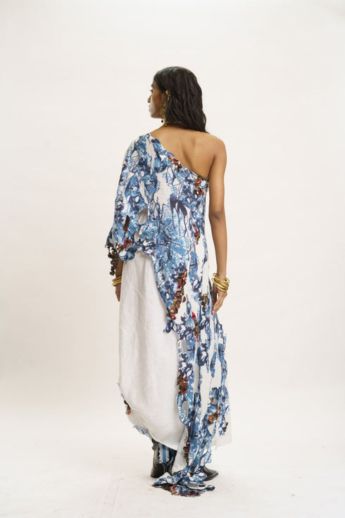 White and blue one shoulder top with lungi skirt