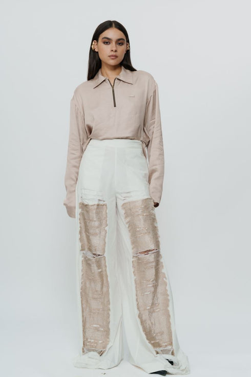 White cotton pants with zari work