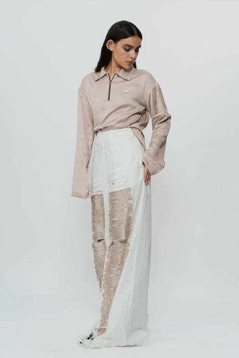 White cotton pants with zari work
