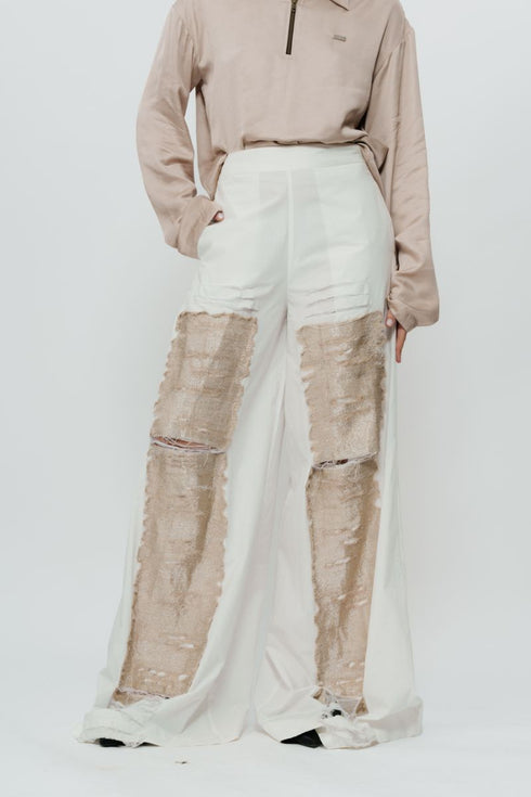 White cotton pants with zari work