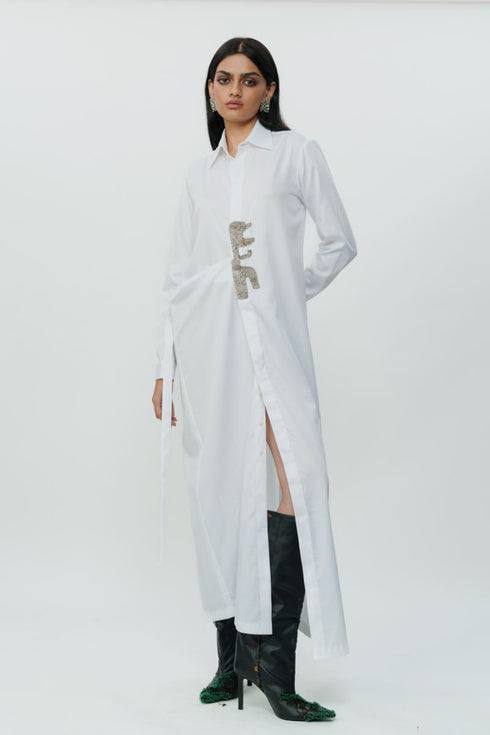 White long shirt dress with hand embroidered highlights