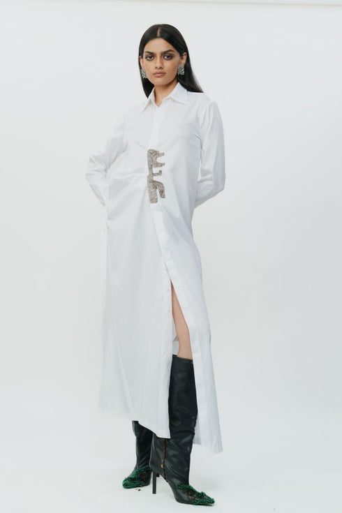 White long shirt dress with hand embroidered highlights