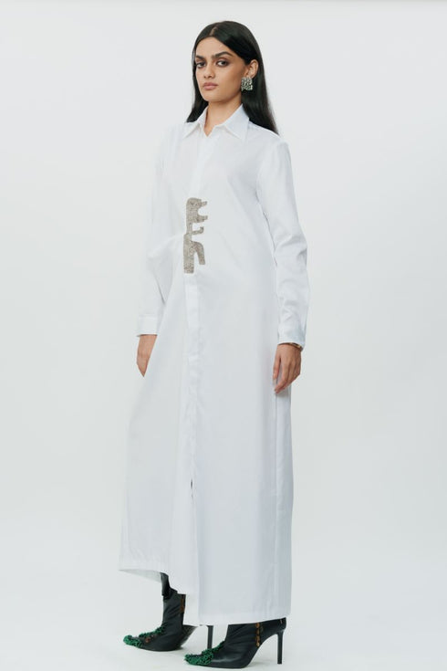 White long shirt dress with hand embroidered highlights