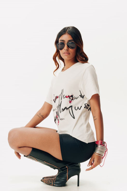 White printed and embroidered half sleeve t-shirt