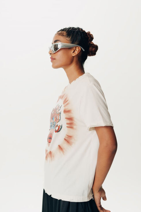 White printed half sleeve tie dye effect t-shirt