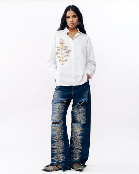 White printed patchwork shirt
