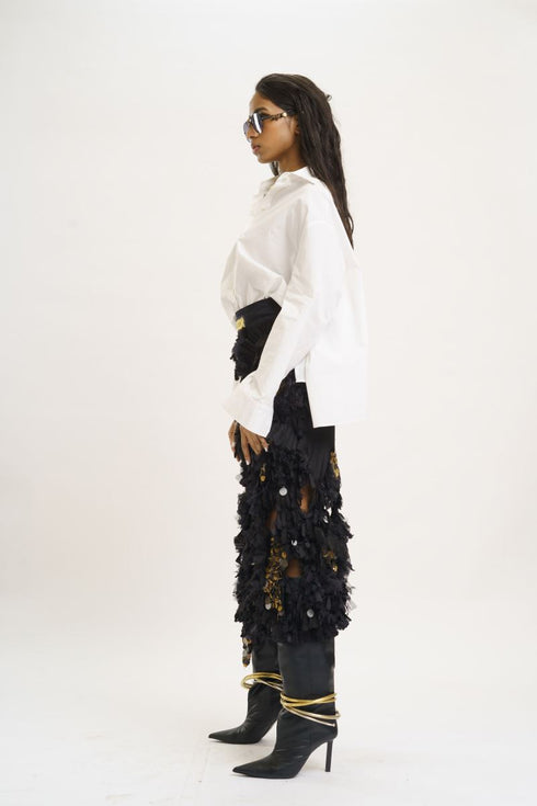 White shirt with black skirt