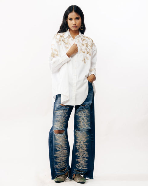 White zari embroidered shirt