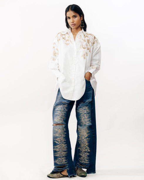 White zari embroidered shirt