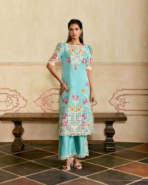 Zahara aqua and ivory applique and cutwork kurta with pants