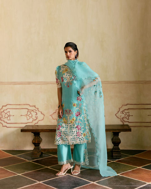 Zahara aqua and ivory applique and cutwork kurta with pants