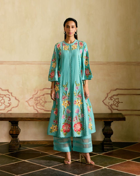 Zahara aqua mosaic floral vines kurta with sheer detail pants