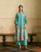 Zahara aqua mosaic floral vines kurta with sheer detail pants