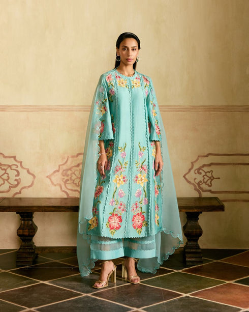 Zahara aqua mosaic floral vines kurta with sheer detail pants