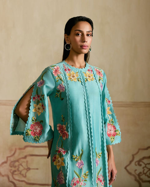 Zahara aqua mosaic floral vines kurta with sheer detail pants