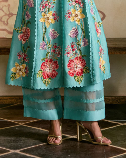 Zahara aqua mosaic floral vines kurta with sheer detail pants