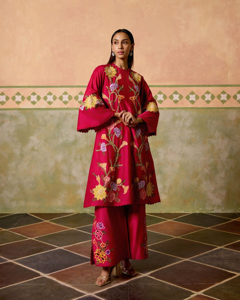 Zahara fuchsia mosaic floral short kurta with cutwork flared pants