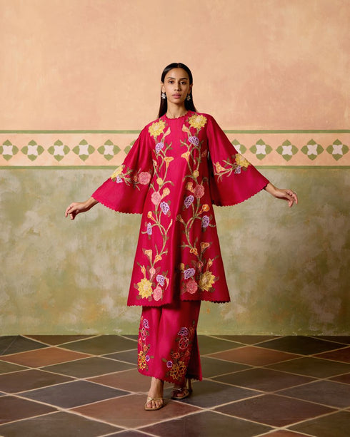 Zahara fuchsia mosaic floral short kurta with cutwork flared pants