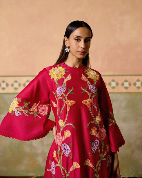 Zahara fuchsia mosaic floral short kurta with cutwork flared pants