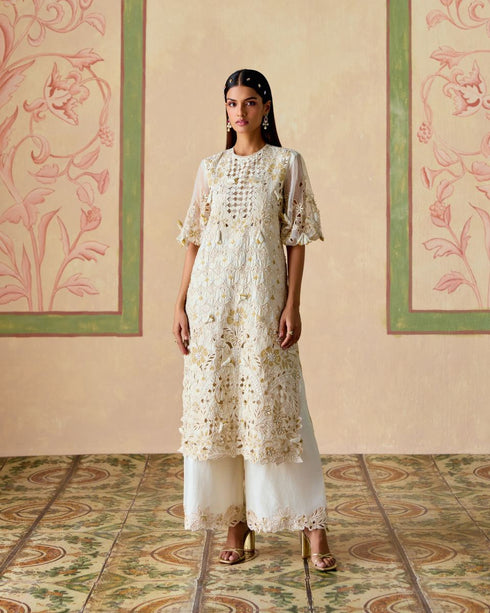 Zahara ivory and gold cutwork kurta with cutwork flared pants
