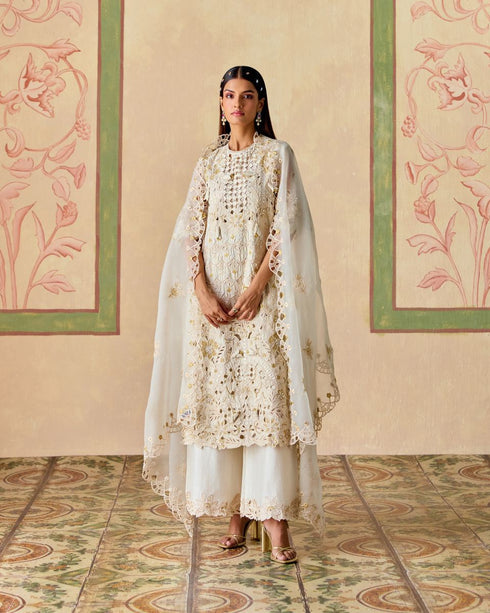Zahara ivory and gold cutwork kurta with cutwork flared pants
