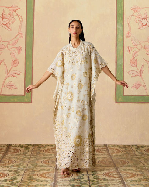 Zahara ivory and gold long kaftan