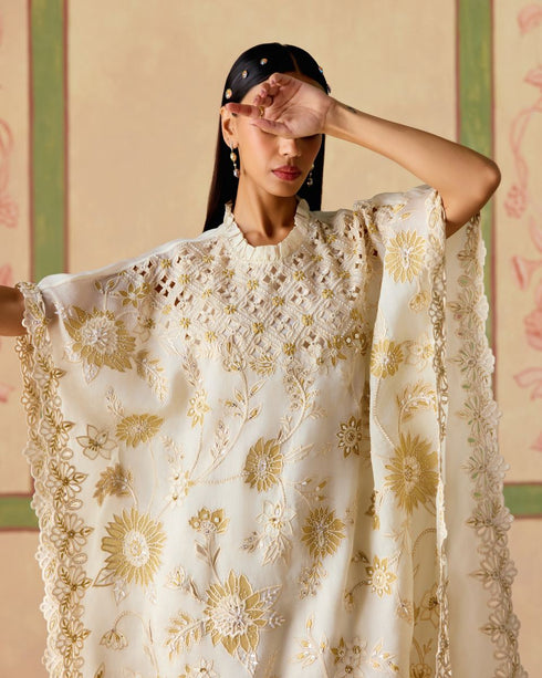 Zahara ivory and gold long kaftan