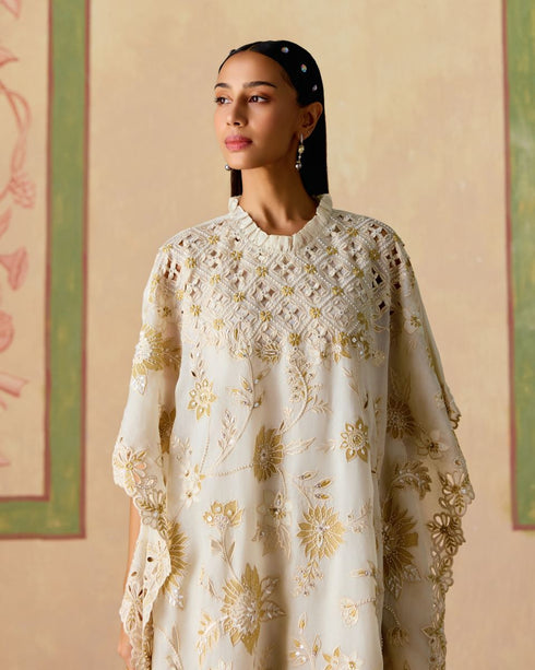Zahara ivory and gold long kaftan