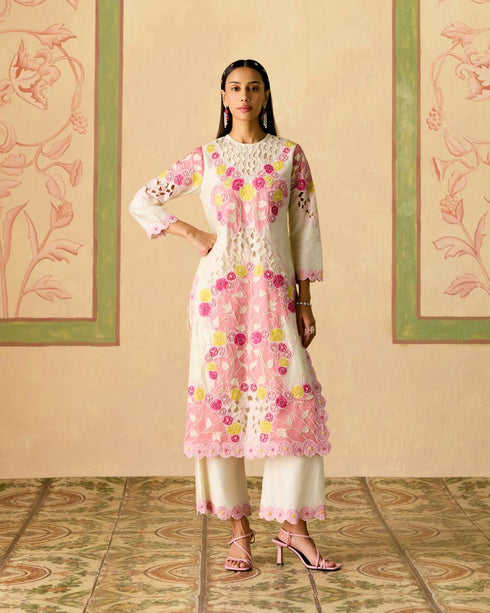 Zahara ivory and pink color block applique kurta with pants