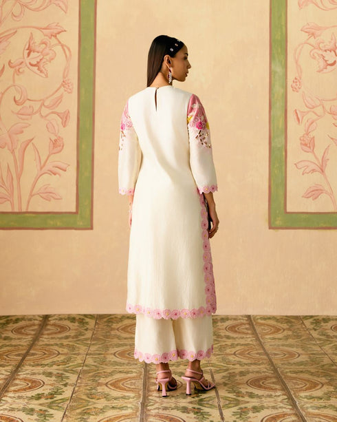 Zahara ivory and pink color block applique kurta with pants