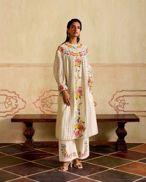 Zahara ivory floral and stripes yoke detail kurta with cutwork pants