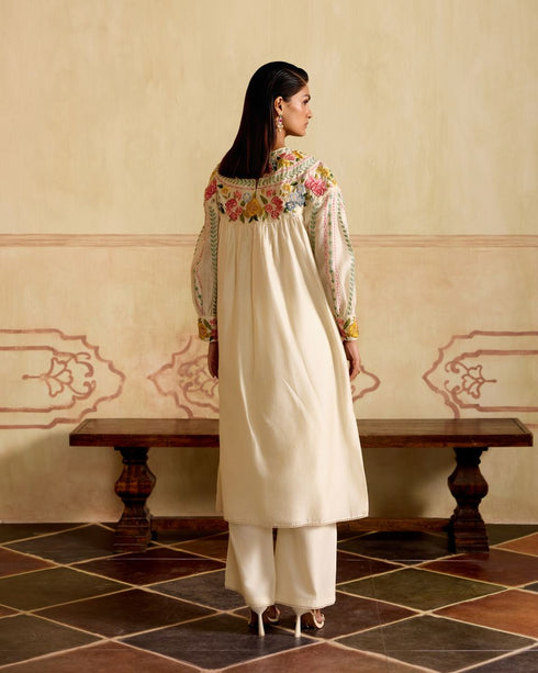 Zahara ivory floral and stripes yoke detail kurta with cutwork pants