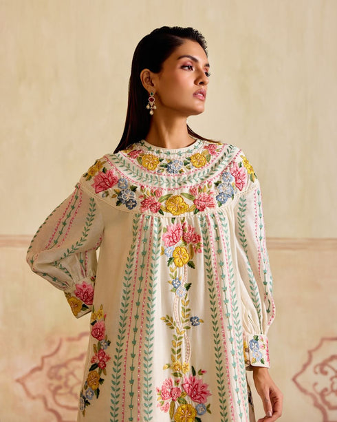 Zahara ivory floral and stripes yoke detail kurta with cutwork pants