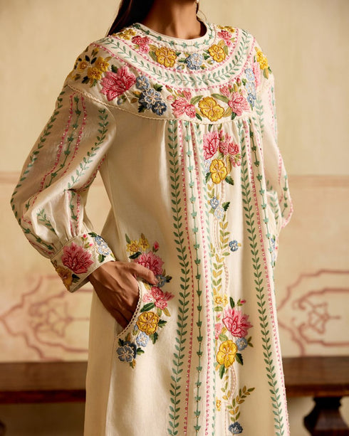 Zahara ivory floral and stripes yoke detail kurta with cutwork pants