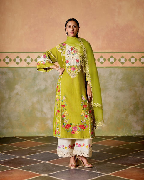 Zahara olive and ivory color block kurta with ivory embroidered pants