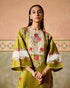 Zahara olive and ivory color block kurta with ivory embroidered pants
