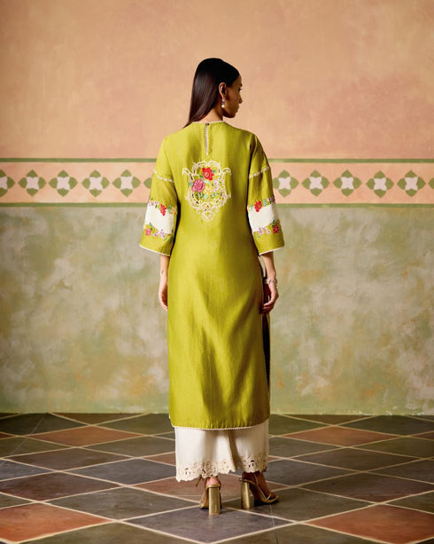 Zahara olive and ivory color block kurta with ivory embroidered pants