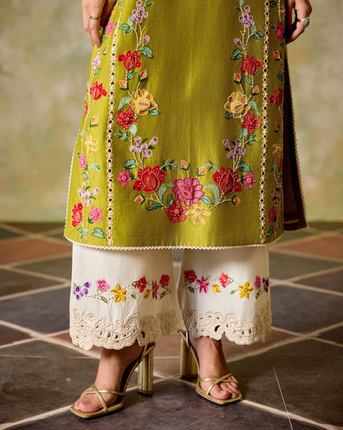 Zahara olive and ivory color block kurta with ivory embroidered pants