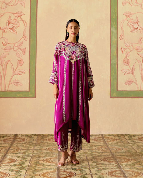Zahara purple contrast embroidered kimono kurta with narrow pants