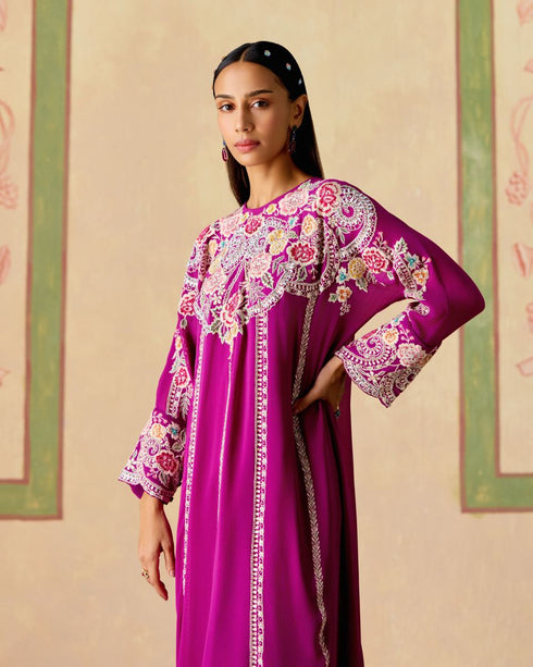 Zahara purple contrast embroidered kimono kurta with narrow pants