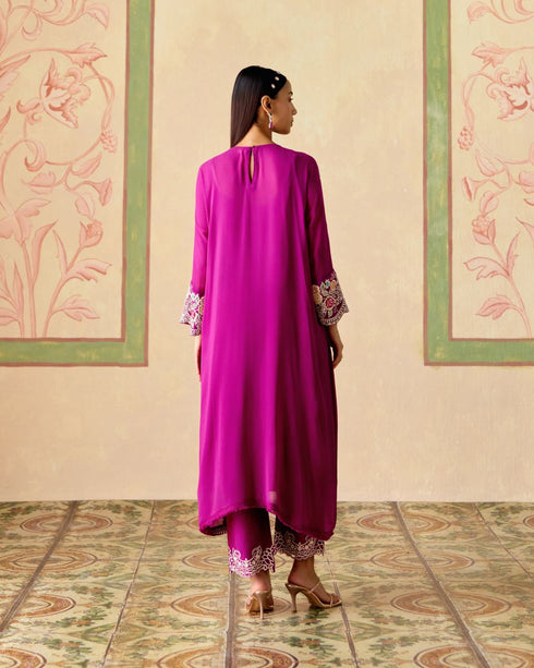 Zahara purple contrast embroidered kimono kurta with narrow pants