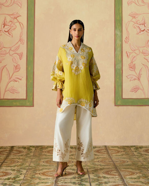 Zahara yellow and ivory color block tunic with sheer applique pants