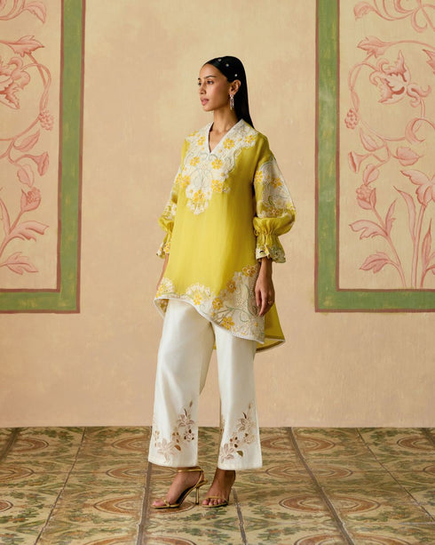 Zahara yellow and ivory color block tunic with sheer applique pants