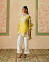 Zahara yellow and ivory color block tunic with sheer applique pants