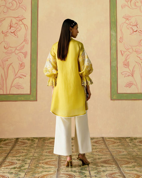 Zahara yellow and ivory color block tunic with sheer applique pants