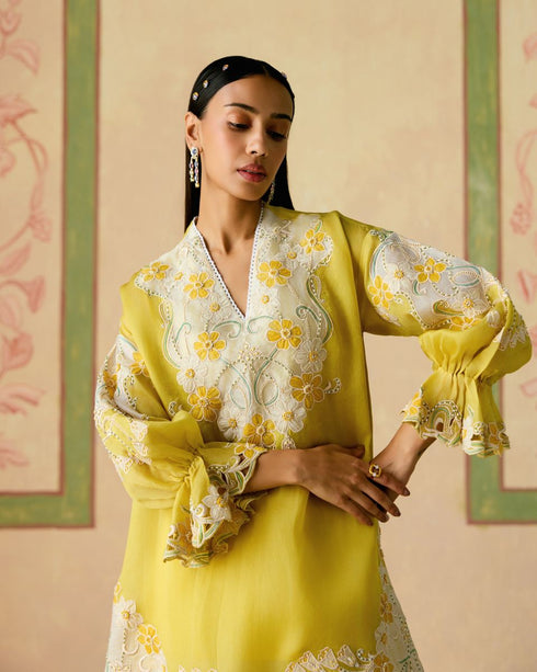 Zahara yellow and ivory color block tunic with sheer applique pants
