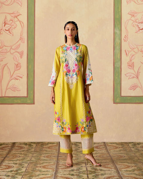 Zahara yellow and ivory embroidered kurta with sheer panel pants