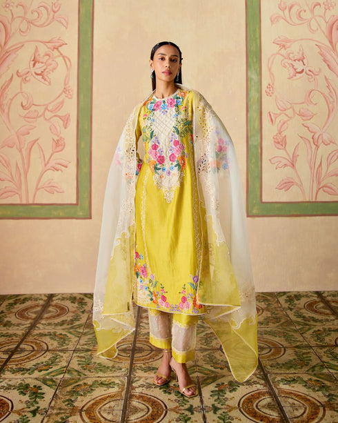 Zahara yellow and ivory embroidered kurta with sheer panel pants