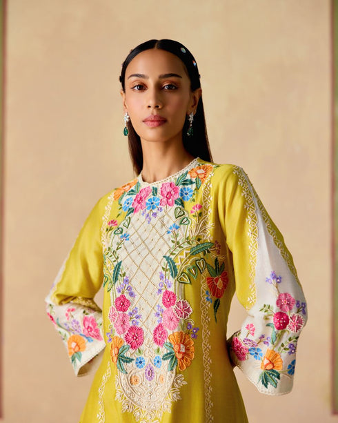 Zahara yellow and ivory embroidered kurta with sheer panel pants